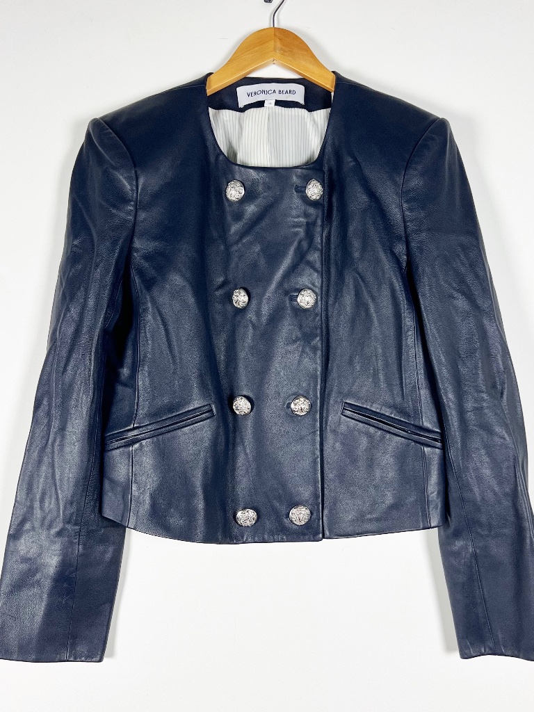 Veronica Beard Winslow Genuine Leather Double Breasted Blazer Jacket Navy Blue